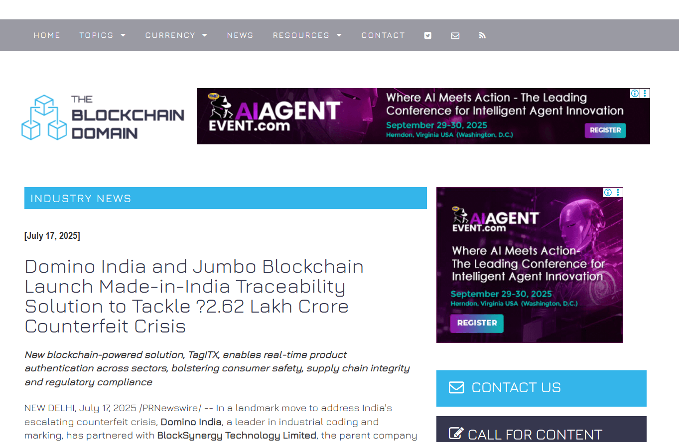 Domino India and Jumbo Blockchain Launch Made-in-India Traceability Solution to Tackle ₹2.62 Lakh Crore Counterfeit Crisis