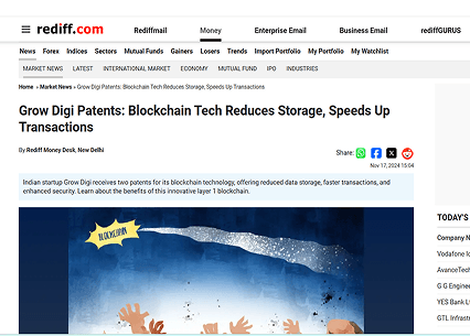 Grow Digi gets two patents for sector agnostic blockchain technology layer from govt
